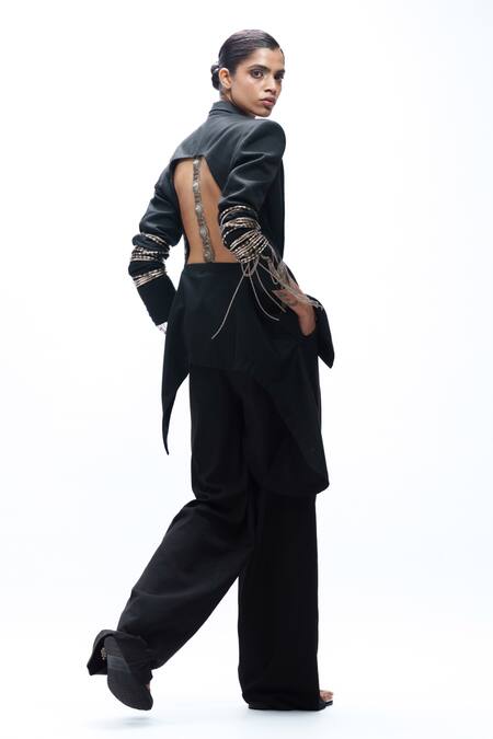 AK-OK_Black Viscose Chains, Gemstones Jewel Embellished Blazer And Trouser Set _at_Aza_Fashions
