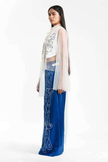 AK-OK_White Nylon, Cotton Applique, Embroidery, Sequins Work Shirt And Trouser Set _Online_at_Aza_Fashions