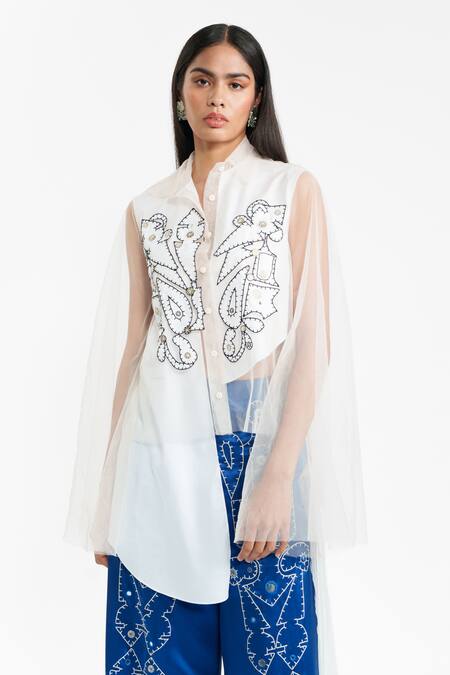 AK-OK_White Nylon, Cotton Applique, Embroidery, Sequins Work Shirt And Trouser Set _at_Aza_Fashions