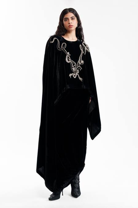 Buy_AK-OK_Black Velvet Round Neck Embroidered Cape And Lungi Skirt Set _Online_at_Aza_Fashions