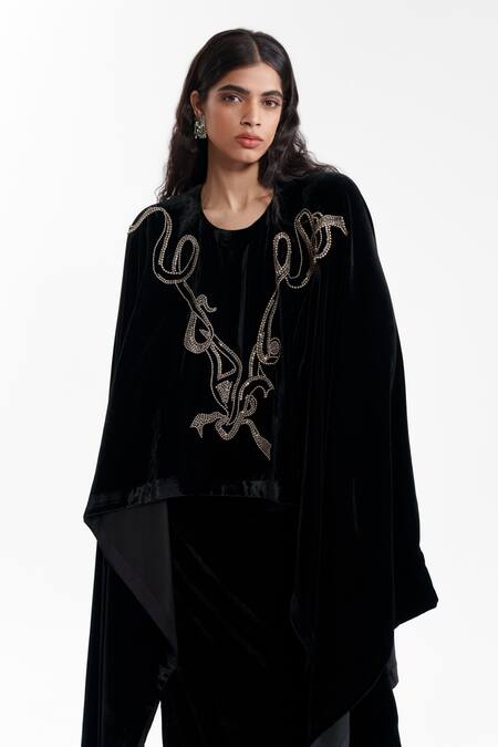 AK-OK_Black Velvet Round Neck Embroidered Cape And Lungi Skirt Set _at_Aza_Fashions