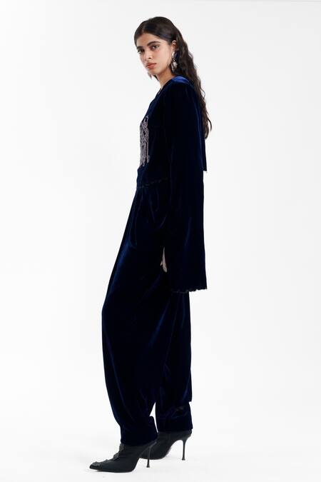 AK-OK_Navy Silk, Velvet Embroidery Round Neck Sculpted Crop Top And Draped Pant Set _Online_at_Aza_Fashions