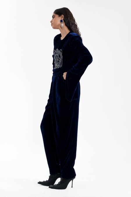 Buy_AK-OK_Navy Silk, Velvet Embroidery Round Neck Sculpted Crop Top And Draped Pant Set _Online_at_Aza_Fashions
