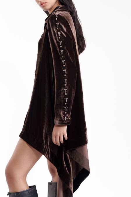 AK-OK_Brown Velvet, Silk Embroidery, Metallic Thread Collared, V-neck Sculpted Dress _Online_at_Aza_Fashions