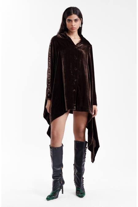 Buy_AK-OK_Brown Velvet, Silk Embroidery, Metallic Thread Collared, V-neck Sculpted Dress _Online_at_Aza_Fashions