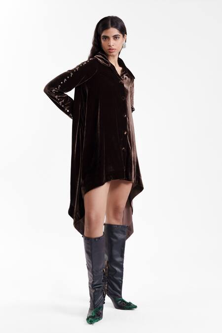 Shop_AK-OK_Brown Velvet, Silk Embroidery, Metallic Thread Collared, V-neck Sculpted Dress _Online_at_Aza_Fashions