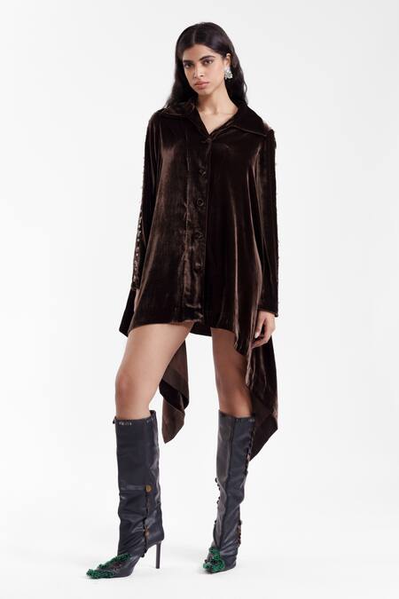 AK-OK_Brown Velvet, Silk Embroidery, Metallic Thread Collared, V-neck Sculpted Dress _at_Aza_Fashions