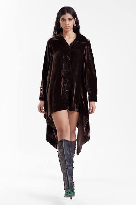 Buy_AK-OK_Brown Velvet, Silk Embroidery, Metallic Thread Collared, V-neck Sculpted Dress 