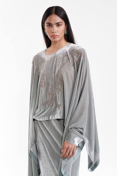 Buy_AK-OK_Grey Velvet Round Neck Dupatta Cape With Structured Lungi Skirt _Online_at_Aza_Fashions