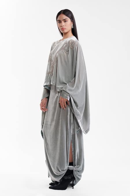 AK-OK_Grey Velvet Round Neck Dupatta Cape With Structured Lungi Skirt _at_Aza_Fashions