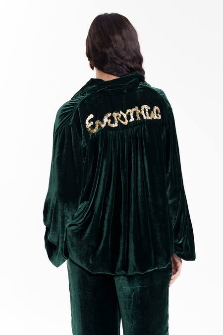AK-OK_Emerald Green Velvet Sequins, Embroidery Sculpted Crop Top And Draped Pant Set _Online_at_Aza_Fashions