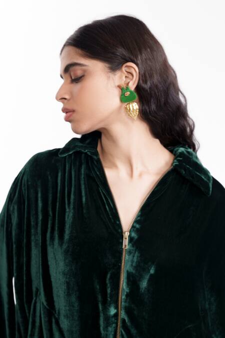 Buy_AK-OK_Emerald Green Velvet Sequins, Embroidery Sculpted Crop Top And Draped Pant Set _Online_at_Aza_Fashions