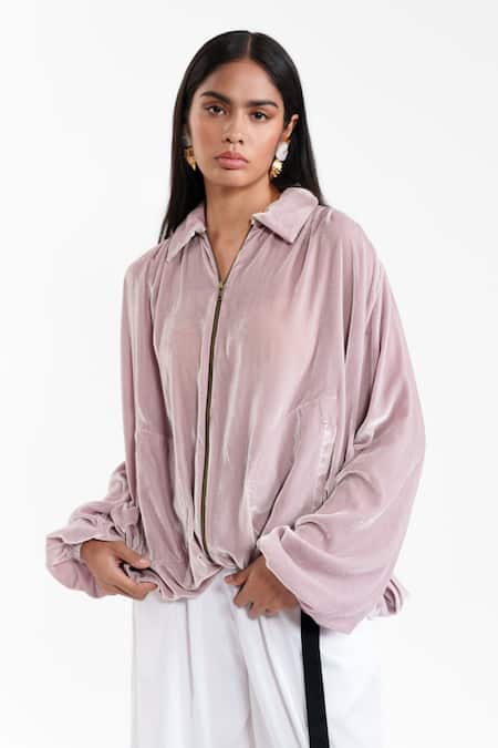 Buy_AK-OK_Pink Sequins Collared, V-neck Tailored Velvet Evening Jacket _Online_at_Aza_Fashions