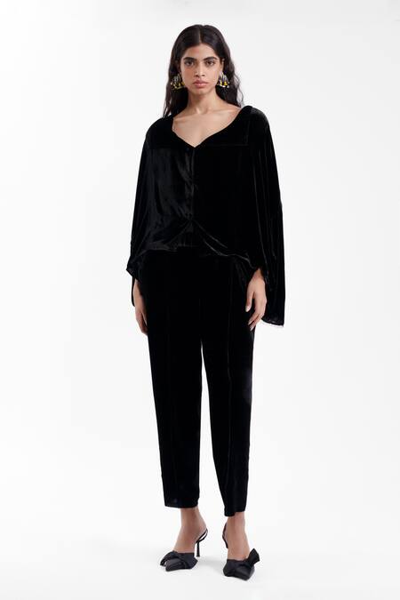 AK-OK_Black Velvet, Silk Embroidery V-neck Draped Jacket With Tailored Trouser _Online_at_Aza_Fashions