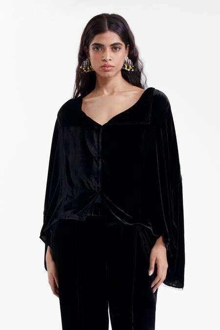 Buy_AK-OK_Black Velvet, Silk Embroidery V-neck Draped Jacket With Tailored Trouser _Online_at_Aza_Fashions