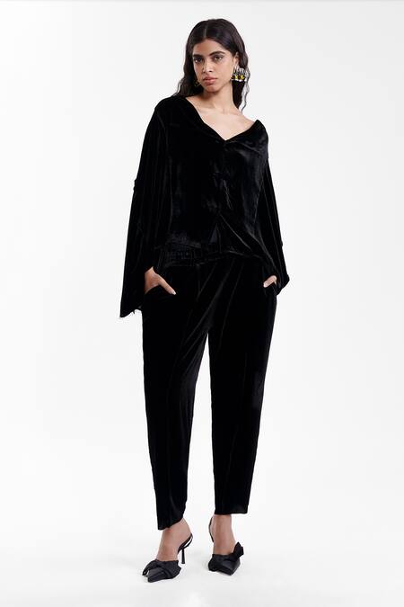 Shop_AK-OK_Black Velvet, Silk Embroidery V-neck Draped Jacket With Tailored Trouser _Online_at_Aza_Fashions