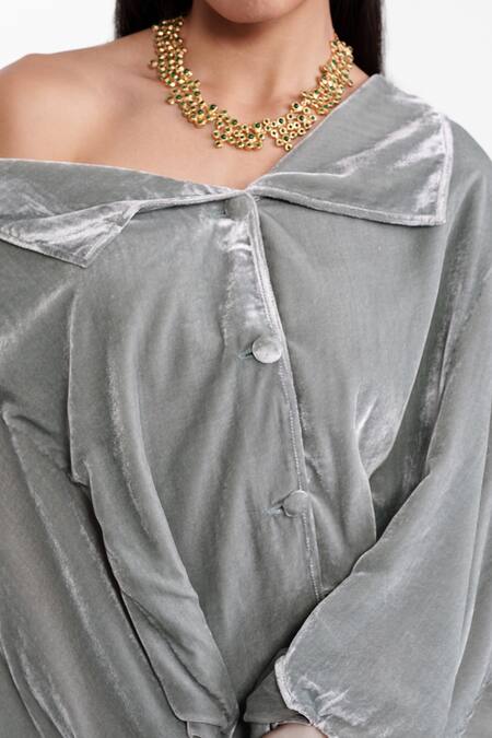 Buy_AK-OK_Grey Velvet, Silk Off-shoulder Fluid Draped Statement Jacket _Online_at_Aza_Fashions