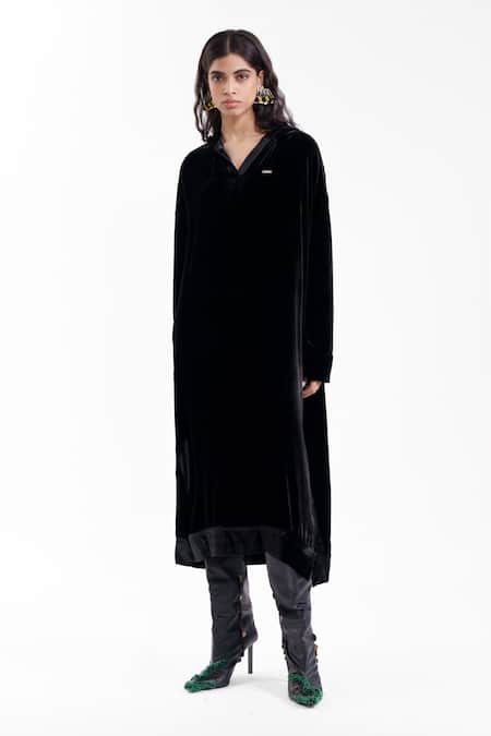 AK-OK_Black Velvet, Silk V-neck Dress _Online_at_Aza_Fashions