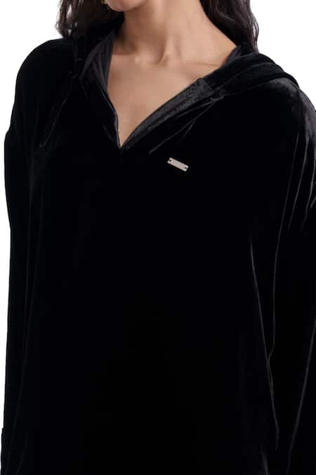 Buy_AK-OK_Black Velvet, Silk V-neck Dress _Online_at_Aza_Fashions