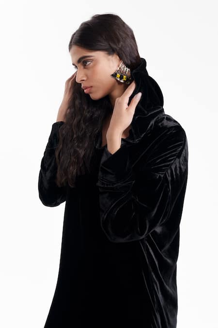 Shop_AK-OK_Black Velvet, Silk V-neck Dress _Online_at_Aza_Fashions