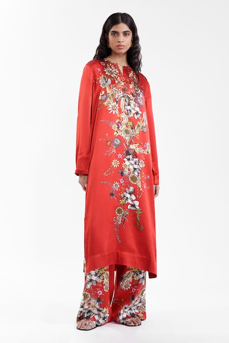 Buy_AK-OK_Red Silk Foil Printing Mandarin Collar, Split Printed Kurta And Trouser Set _Online_at_Aza_Fashions