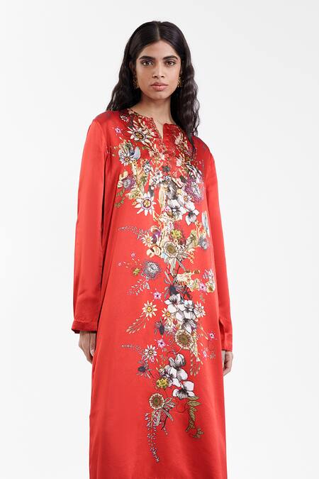 Shop_AK-OK_Red Silk Foil Printing Mandarin Collar, Split Printed Kurta And Trouser Set _Online_at_Aza_Fashions