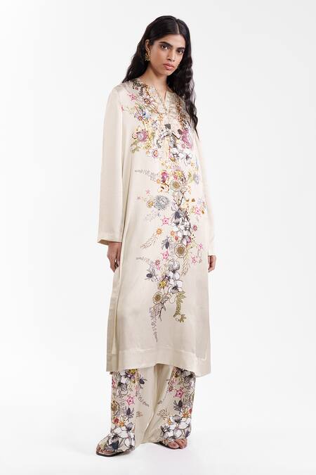 AK-OK_Beige Silk Split V-neck Printed Kurta And Trouser Set _Online_at_Aza_Fashions