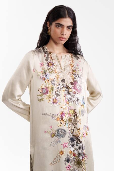 Buy_AK-OK_Beige Silk Split V-neck Printed Kurta And Trouser Set _Online_at_Aza_Fashions
