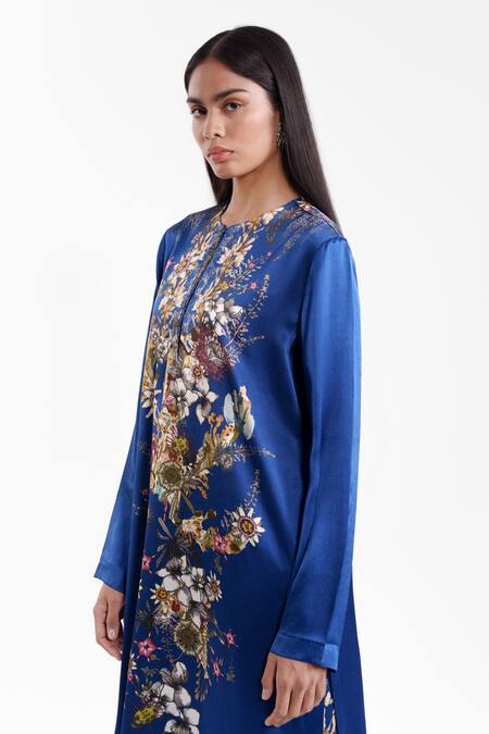 Buy_AK-OK_Blue Silk Round Neck Printed Kurta And Trouser Set _Online_at_Aza_Fashions