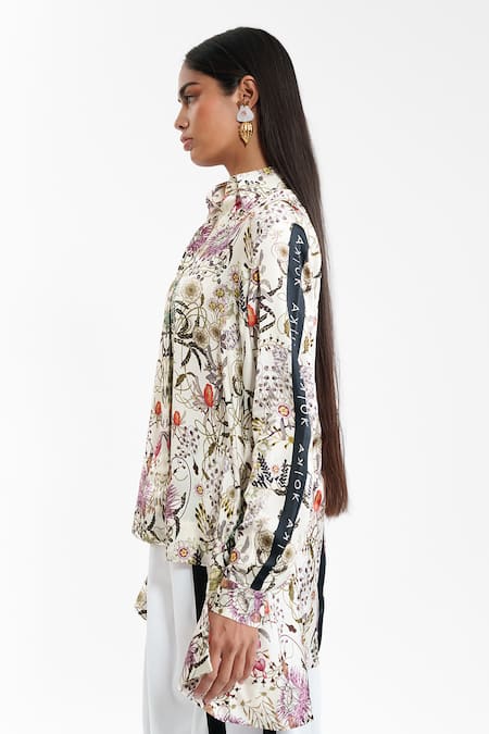 AK-OK_Ivory Silk Collared, V-neck Contemporary Printed Shirt _Online_at_Aza_Fashions