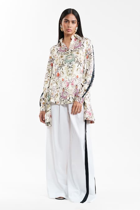 Buy_AK-OK_Ivory Silk Collared, V-neck Contemporary Printed Shirt _Online_at_Aza_Fashions