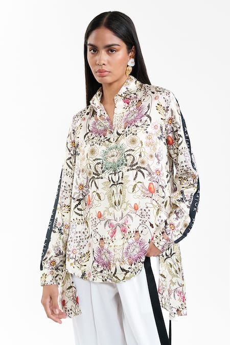 Shop_AK-OK_Ivory Silk Collared, V-neck Contemporary Printed Shirt _Online_at_Aza_Fashions