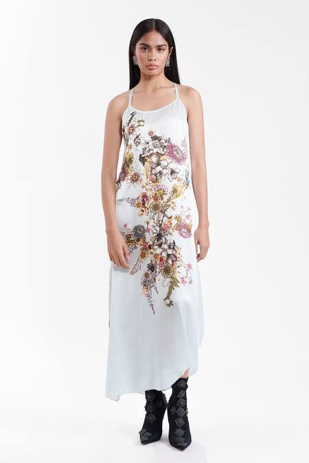 Buy_AK-OK_Sky Blue Silk Halter Neck Printed Dress _Online_at_Aza_Fashions