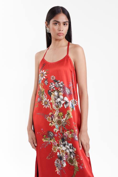 AK-OK_Red Silk Round Neck Printed Dress _Online_at_Aza_Fashions