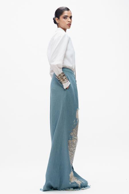 AK-OK_Blue Denim Mirrors, Patchwork Work Trouser _Online_at_Aza_Fashions