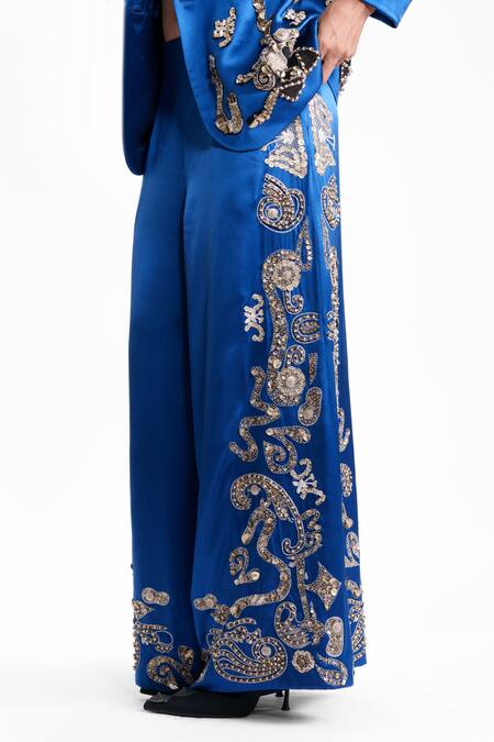 Buy_AK-OK_Blue Silk Sequins, Beads, Metallic Thread Embroidered Trouser _Online_at_Aza_Fashions