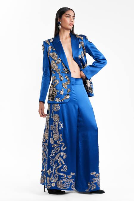 Buy_AK-OK_Blue Silk Sequins, Beads, Metallic Thread Embroidered Trouser 