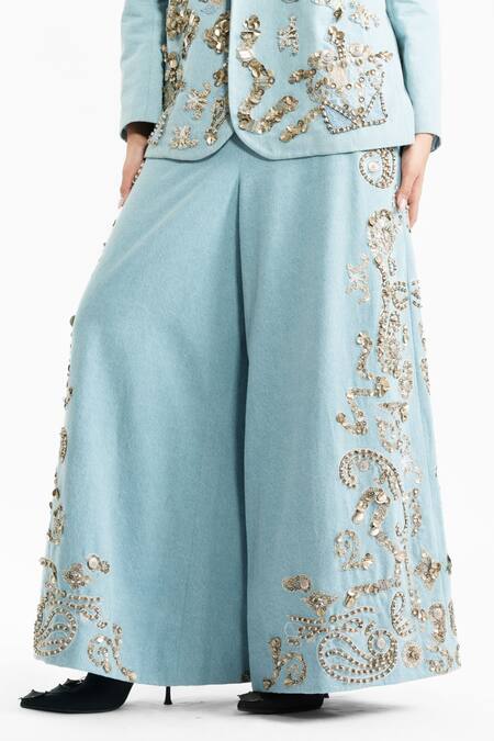 Buy_AK-OK_Blue Denim Sequins, Stones Embroidered Trouser _Online_at_Aza_Fashions