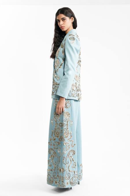 Shop_AK-OK_Blue Denim Sequins, Stones Embroidered Trouser _Online_at_Aza_Fashions