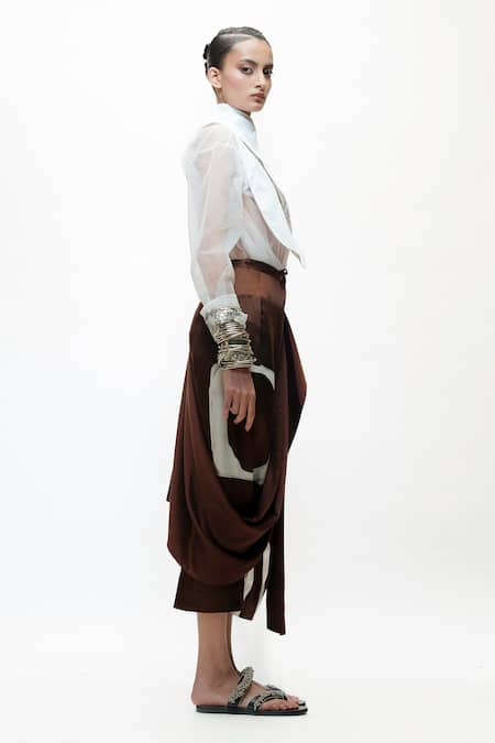 AK-OK_Brown Silk Draped Abstract Print Asymmetric Skirt _Online_at_Aza_Fashions