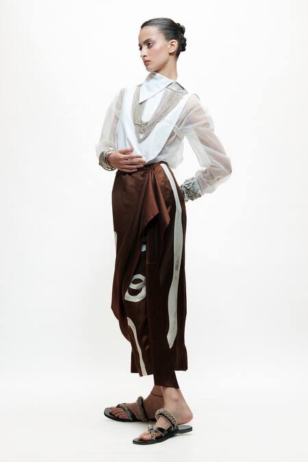 Buy_AK-OK_Brown Silk Draped Abstract Print Asymmetric Skirt _Online_at_Aza_Fashions