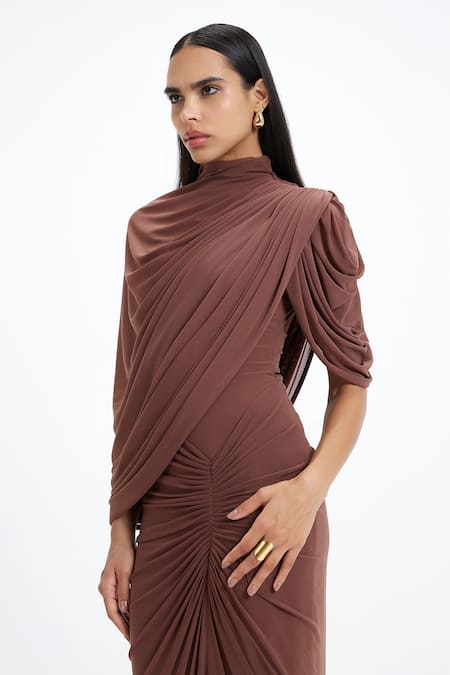 Buy_Deme By Gabriella_Brown Lycra, Net High Neck Beth Draped Maxi Gown  _Online_at_Aza_Fashions