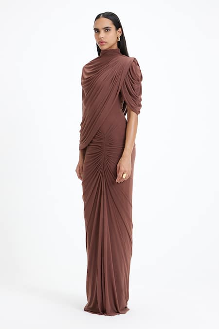 Deme By Gabriella_Brown Lycra, Net High Neck Beth Draped Maxi Gown  _at_Aza_Fashions