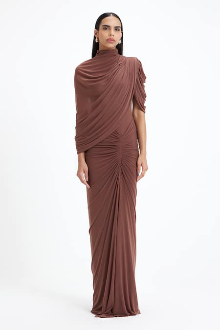Buy_Deme By Gabriella_Brown Lycra, Net High Neck Beth Draped Maxi Gown  