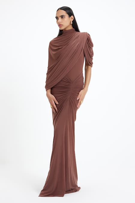 Shop_Deme By Gabriella_Brown Lycra, Net High Neck Beth Draped Maxi Gown  