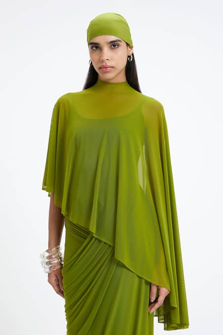 Buy_Deme By Gabriella_Green Lycra, Net High , Scoop Devon Draped Panel Asymmetric Cape Gown _Online_at_Aza_Fashions