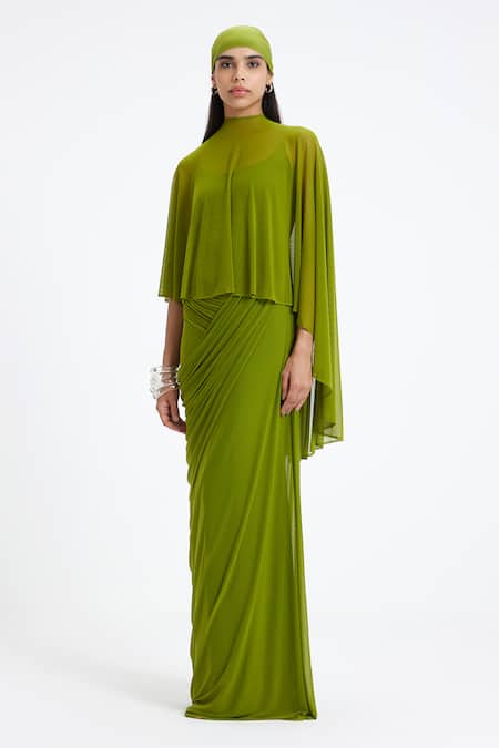 Shop_Deme By Gabriella_Green Lycra, Net High , Scoop Devon Draped Panel Asymmetric Cape Gown _Online_at_Aza_Fashions