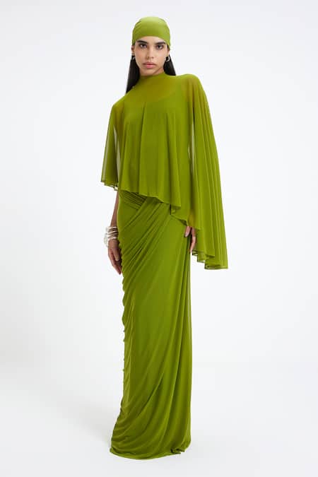 Deme By Gabriella_Green Lycra, Net High , Scoop Devon Draped Panel Asymmetric Cape Gown _at_Aza_Fashions