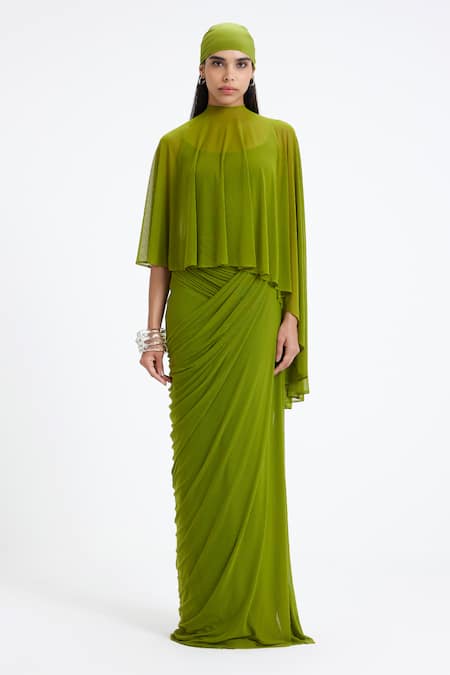 Buy_Deme By Gabriella_Green Lycra, Net High , Scoop Devon Draped Panel Asymmetric Cape Gown 
