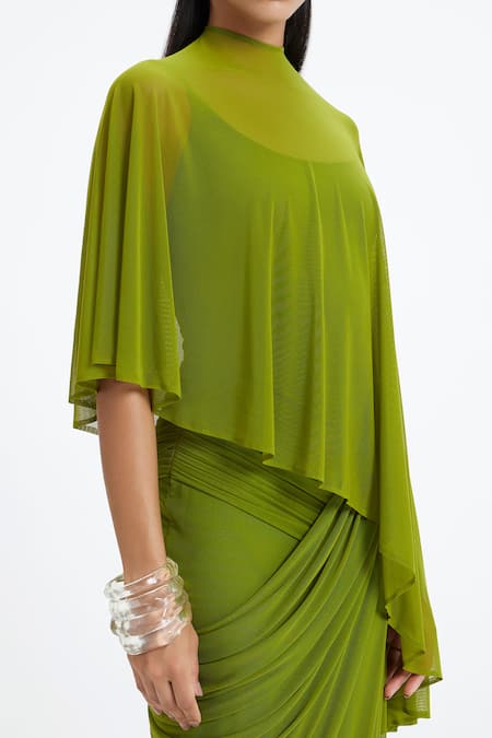 Shop_Deme By Gabriella_Green Lycra, Net High , Scoop Devon Draped Panel Asymmetric Cape Gown 